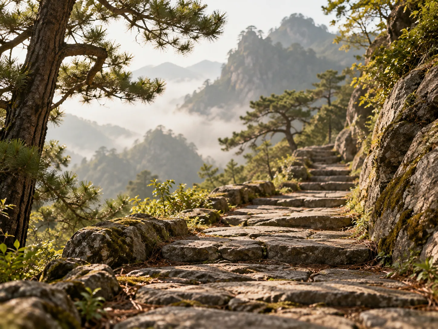 Des marches de pierre illustrées traversent des pins de montagne