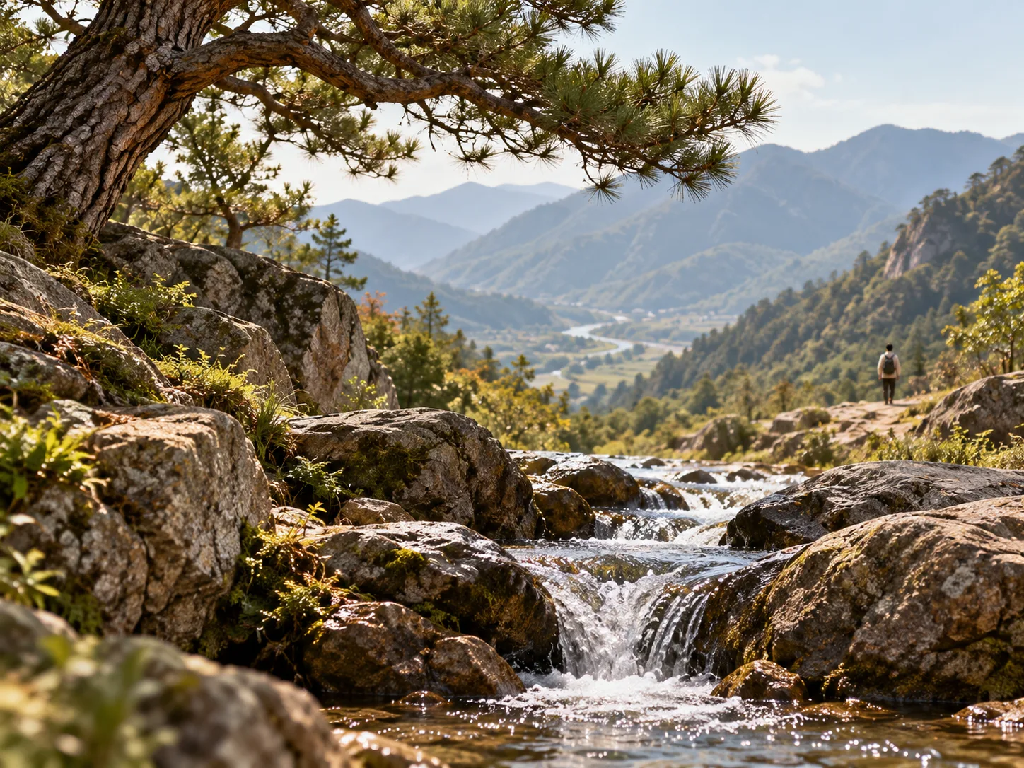 Un ruisseau de montagne illustré traverse des rochers et des pins
