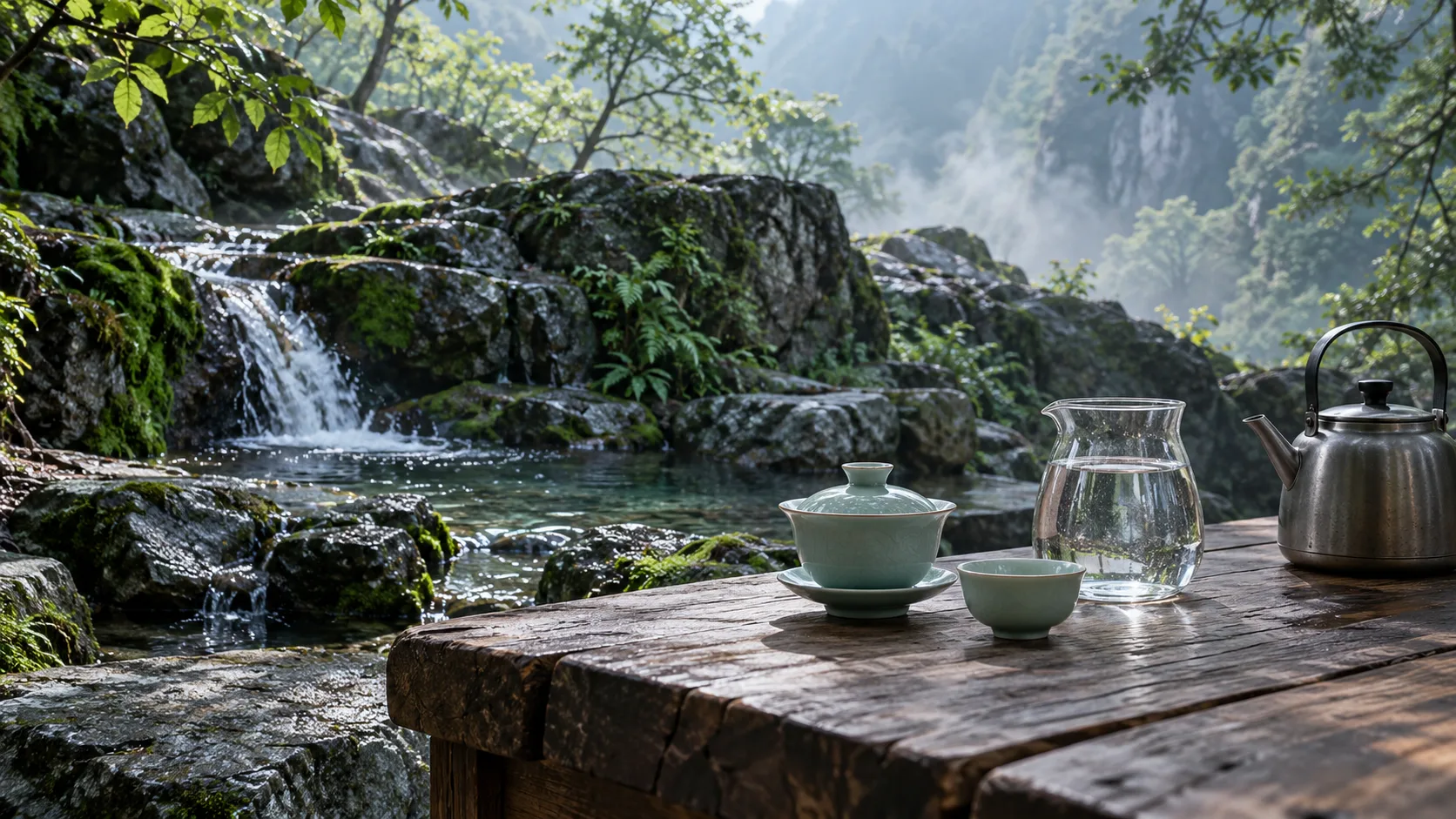 Une scène de thé imaginaire près d’un ruisseau en forêt