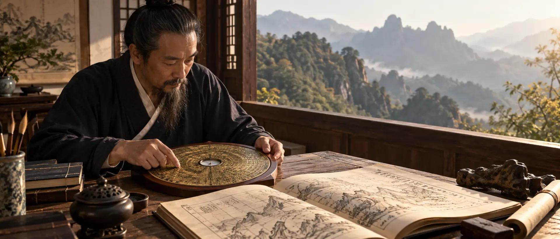 A scholar studies a traditional luopan compass and classical charts beside a window overlooking mountain forms.