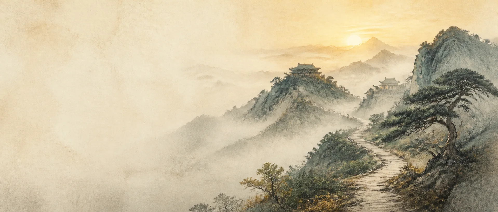 Ink-wash landscape with a winding mountain path, pines and pavilions