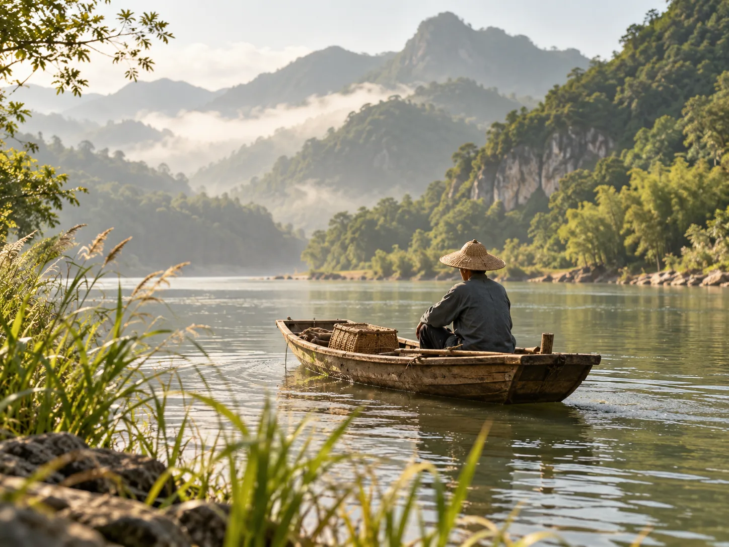 A fisherman resting in a small boat on a misty lake