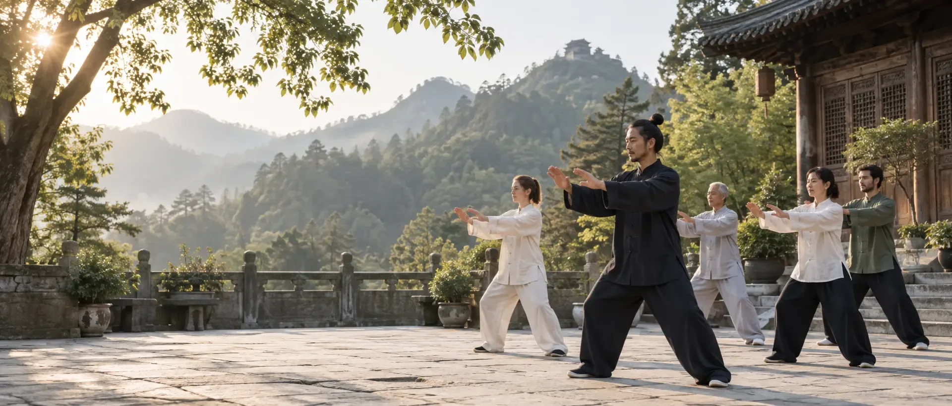 A small group practises gentle Qigong together in a peaceful Wudang mountain courtyard.