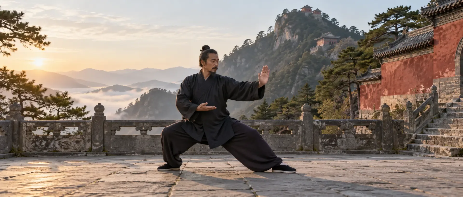 A Wudang martial arts practitioner performs a grounded Taijiquan posture on a mountain temple terrace.