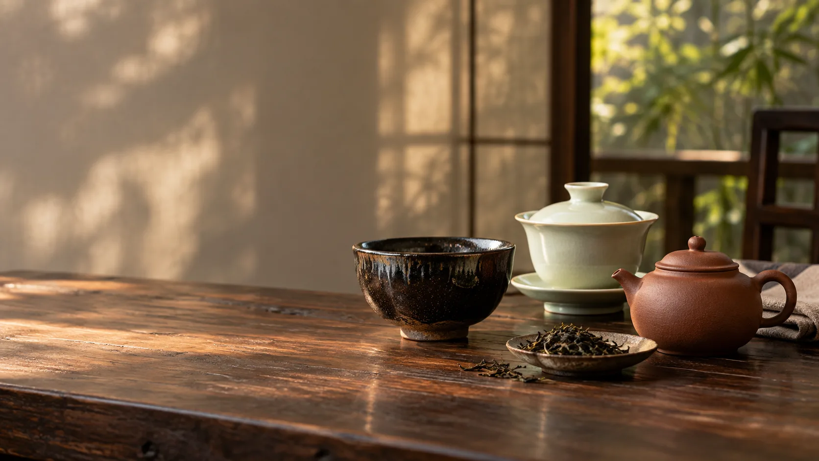 AI-generated arrangement of a dark-glazed bowl, porcelain gaiwan and stoneware teapot