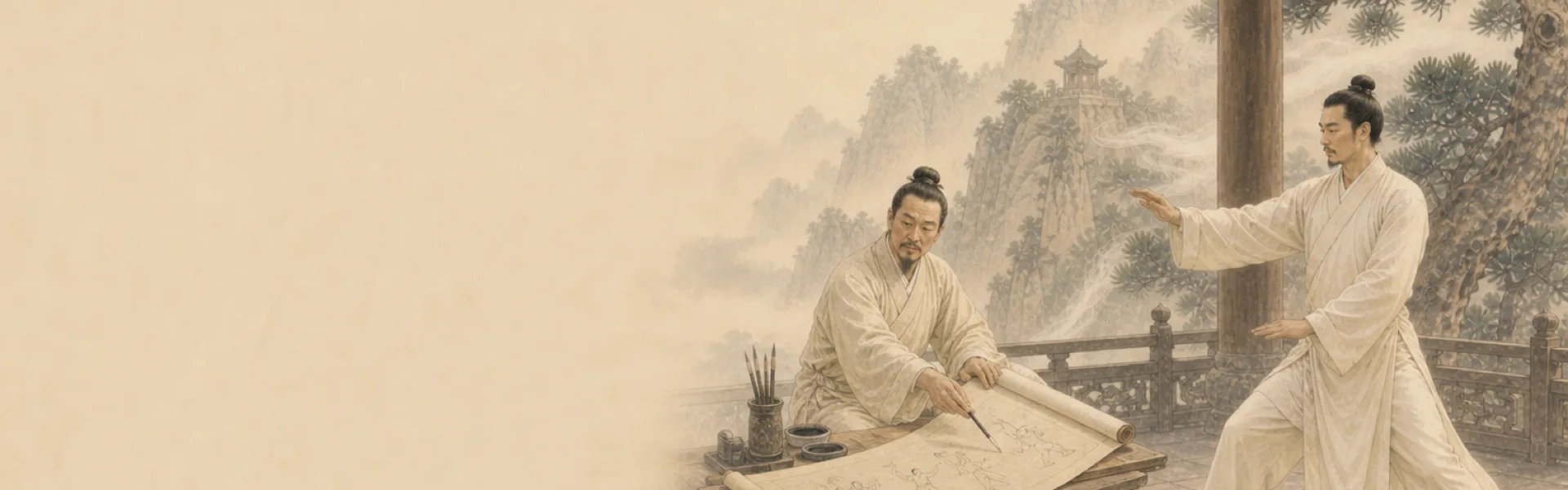 Illustration of a person studying movement on a scroll beside a practitioner