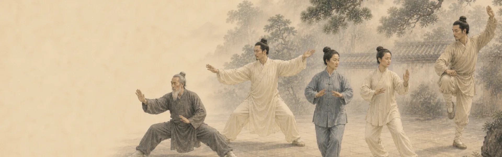 Illustration of five practitioners in different Tai Chi postures