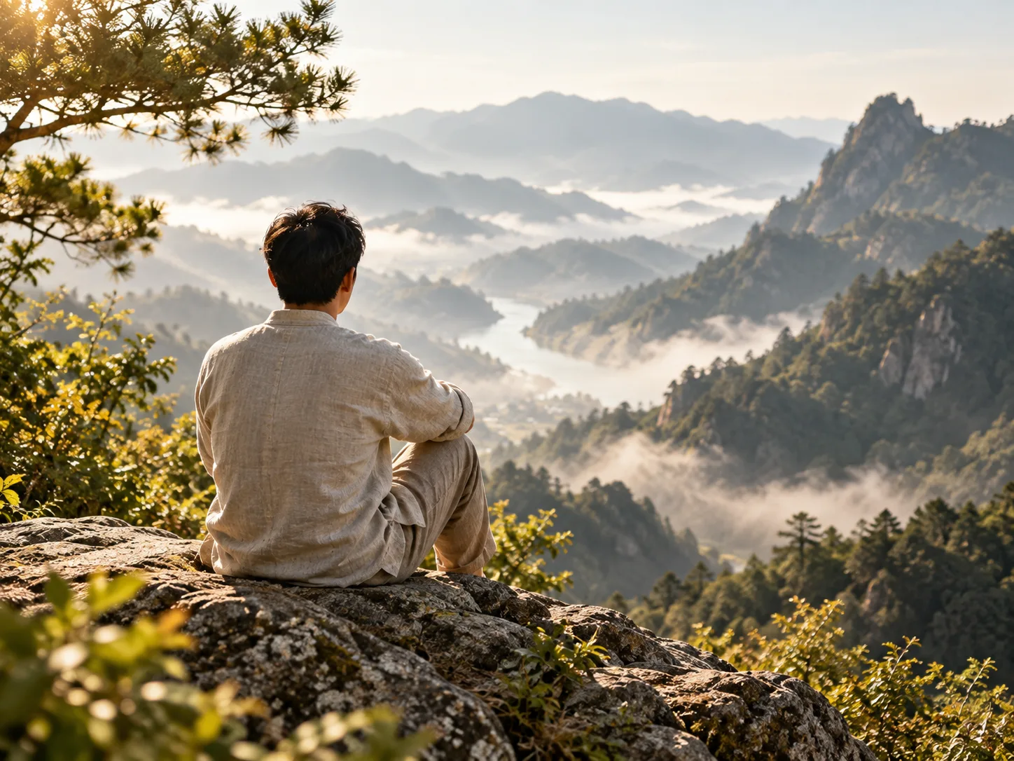 Une personne illustrée assise sur un rocher regarde des montagnes boisées