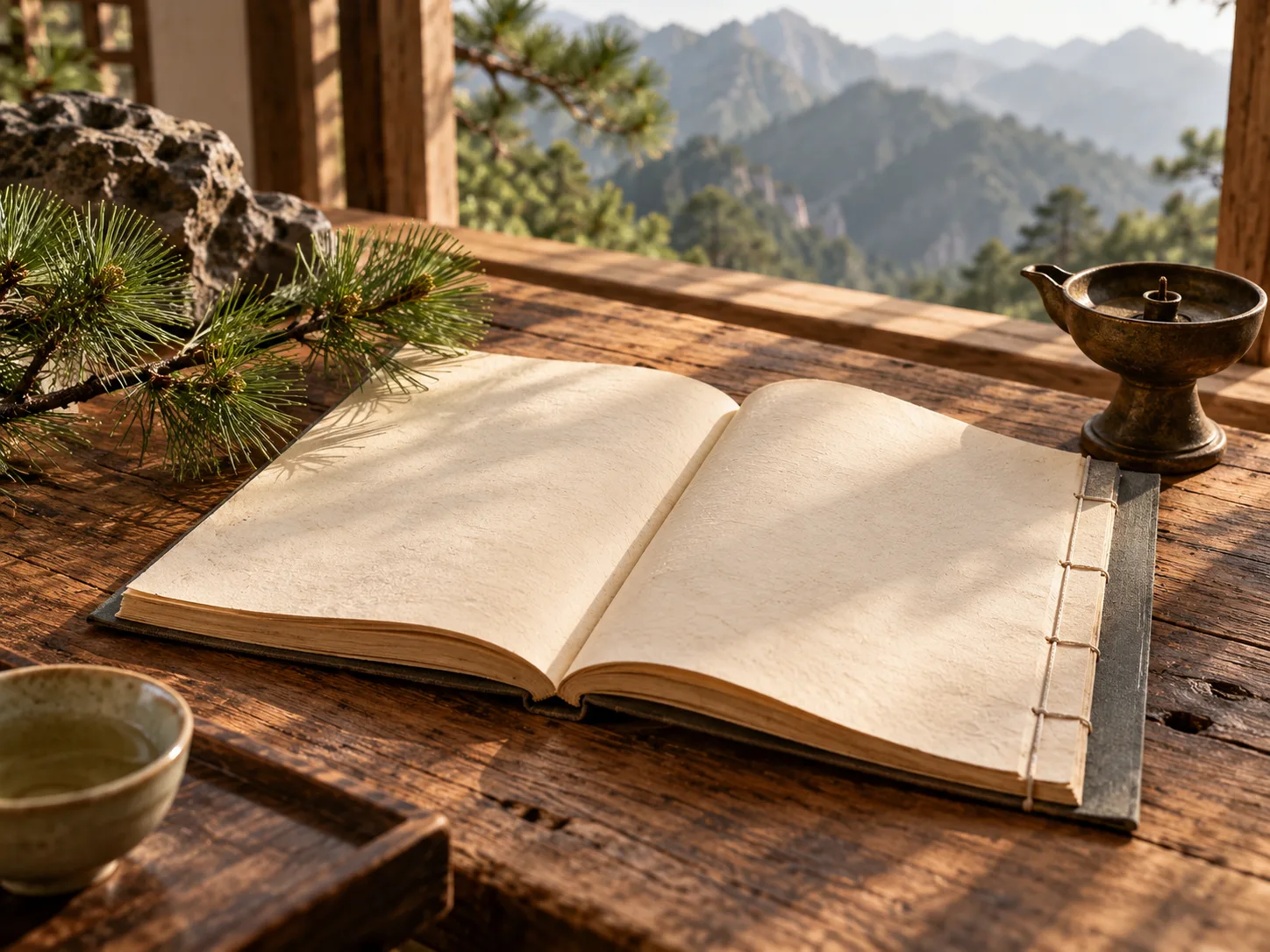 An open thread-bound book on a wooden table