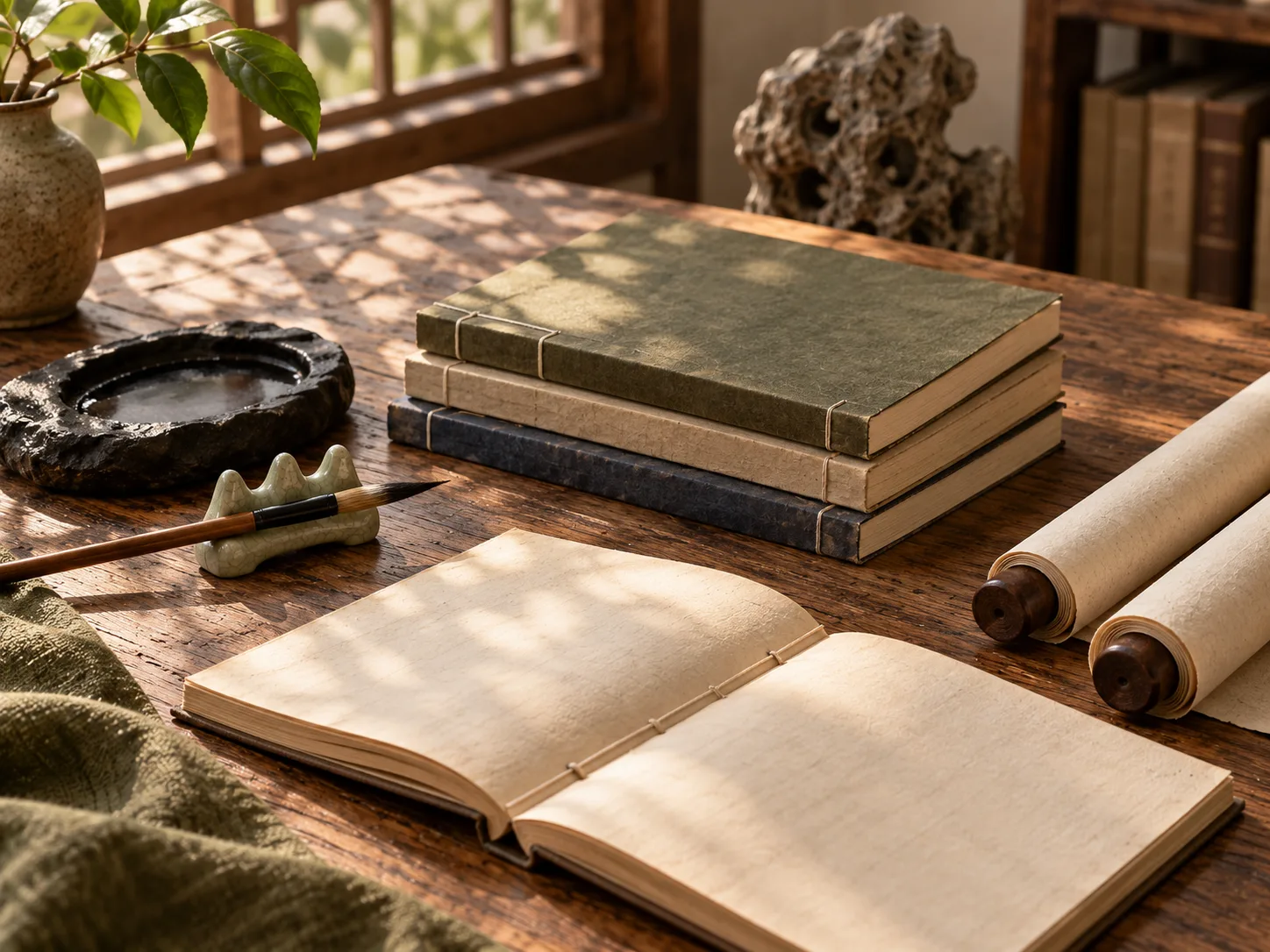 Livres classiques, rouleaux et lamelles de bambou illustrés sur une table