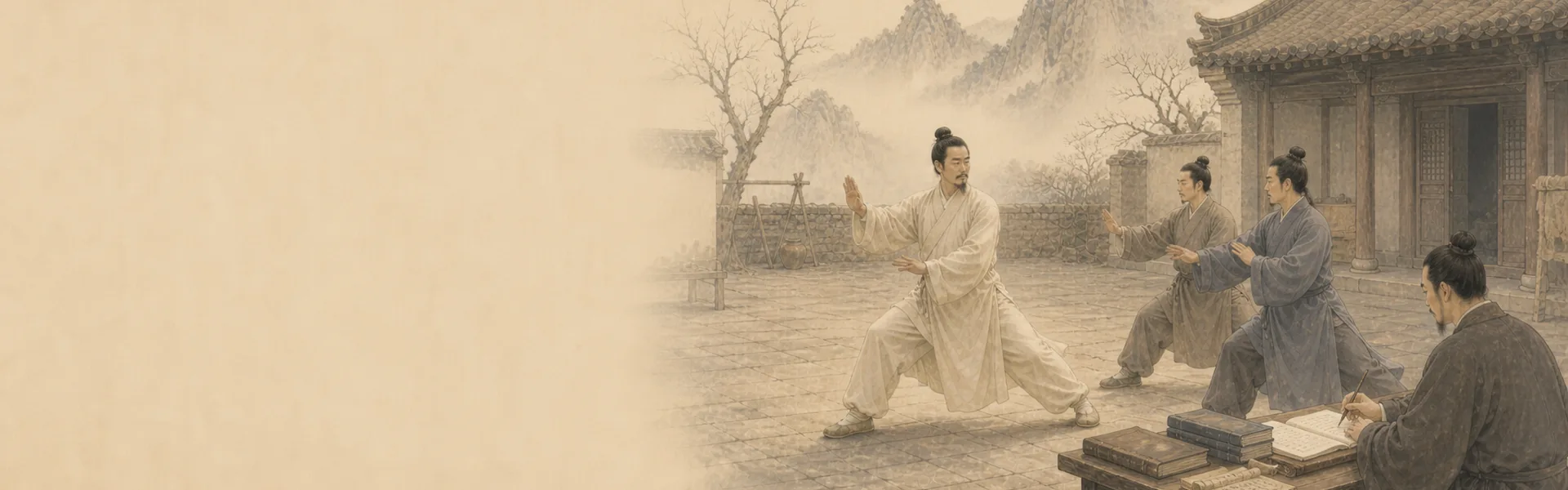 Illustration of practice in a courtyard while a seated person writes