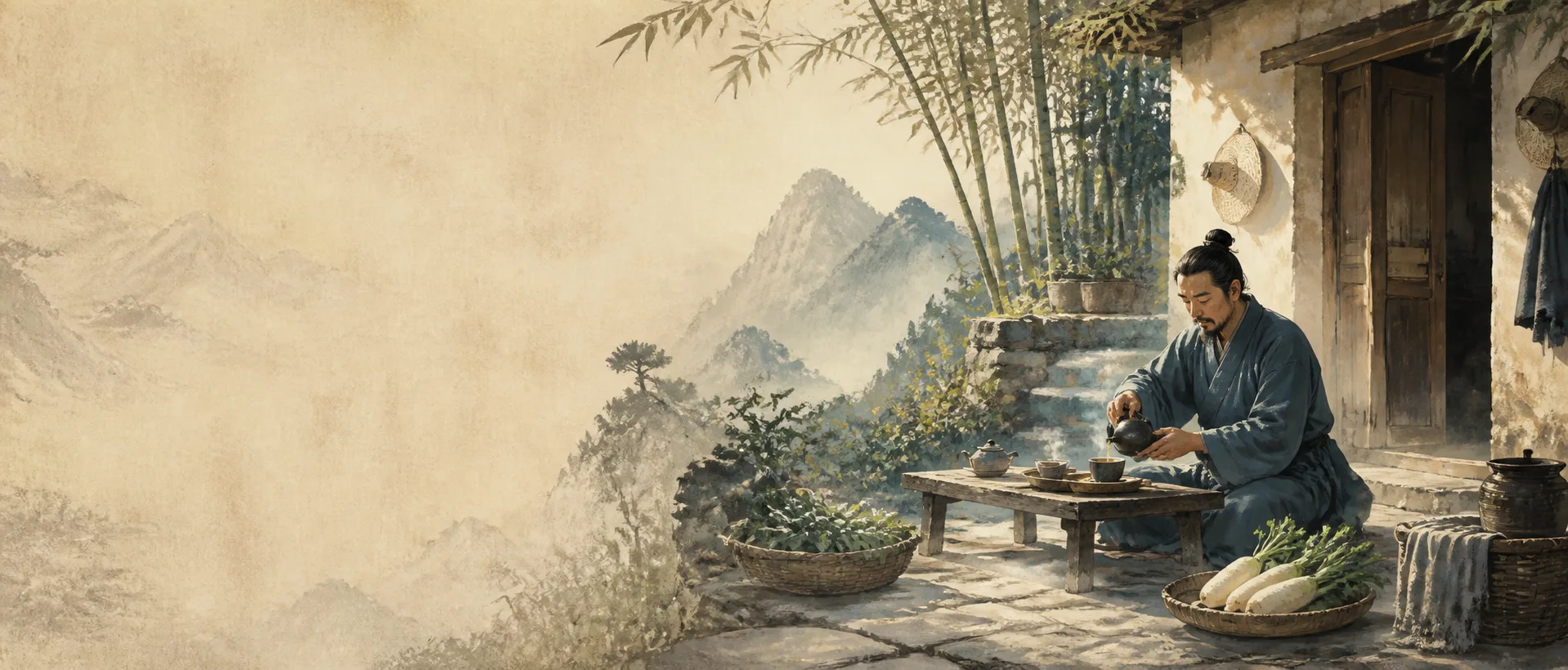 Illustration of a person pouring tea outside a cottage among bamboo