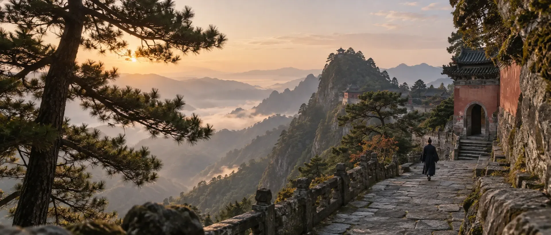 A solitary Taoist practitioner walks along a mountain path beside a historic Wudang temple at sunrise.