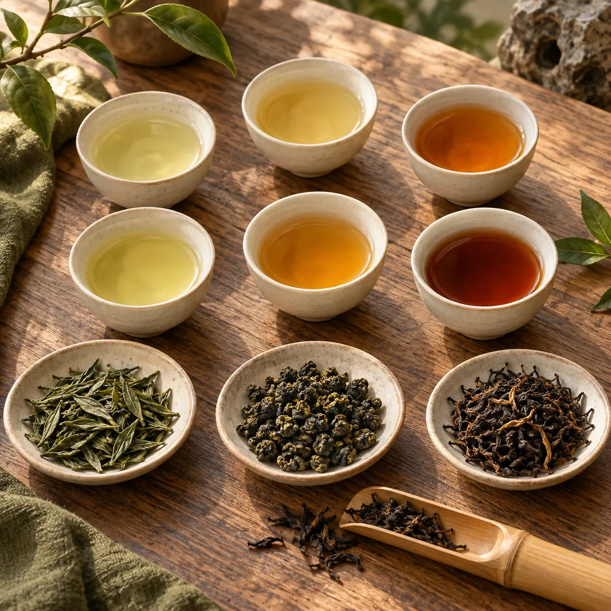 AI-generated arrangement of six tea cups and several dishes of dry leaves