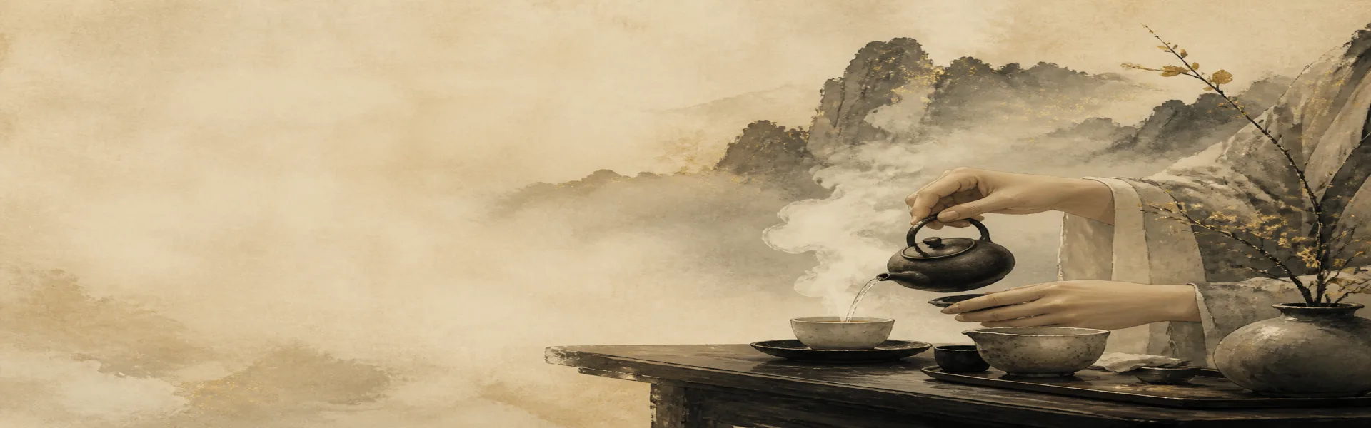 Illustration of hands pouring tea beside another bowl and a flowering branch