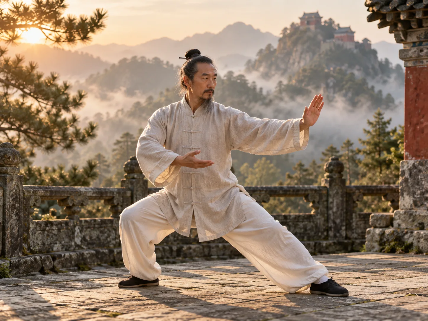 Un pratiquant illustré en tenue crème tient une posture de taijiquan