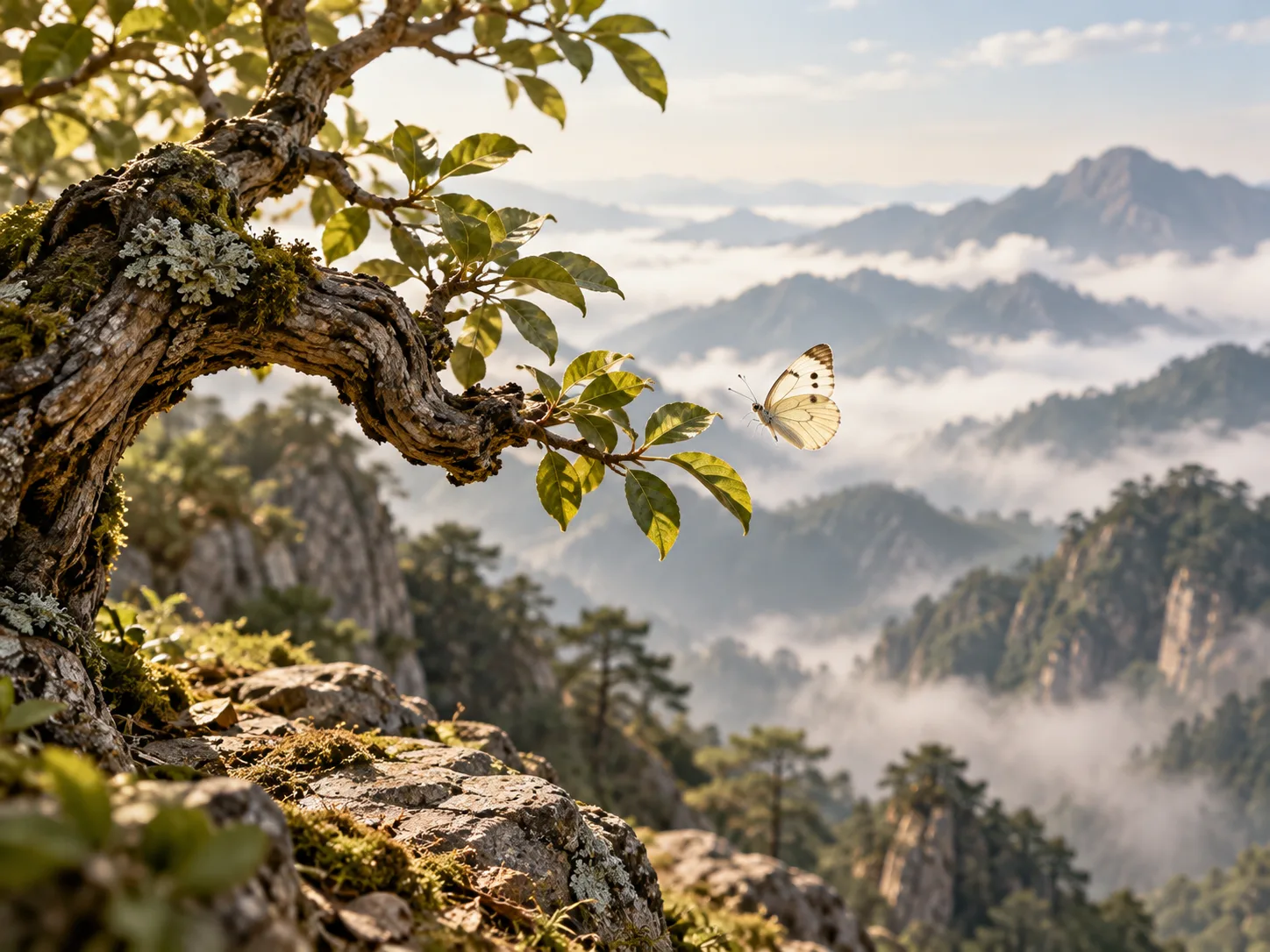 A butterfly on a gnarled pine above a sea of clouds