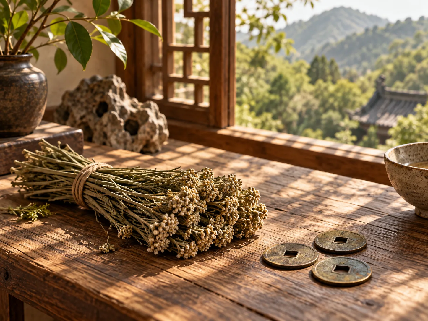 Yarrow stalks and bronze coins on a wooden table