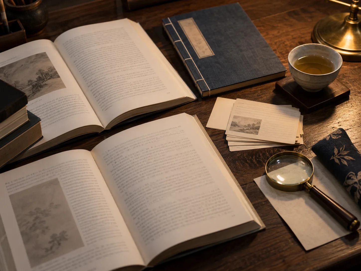 AI-generated overhead study table with books, a stitched volume, note cards and tea