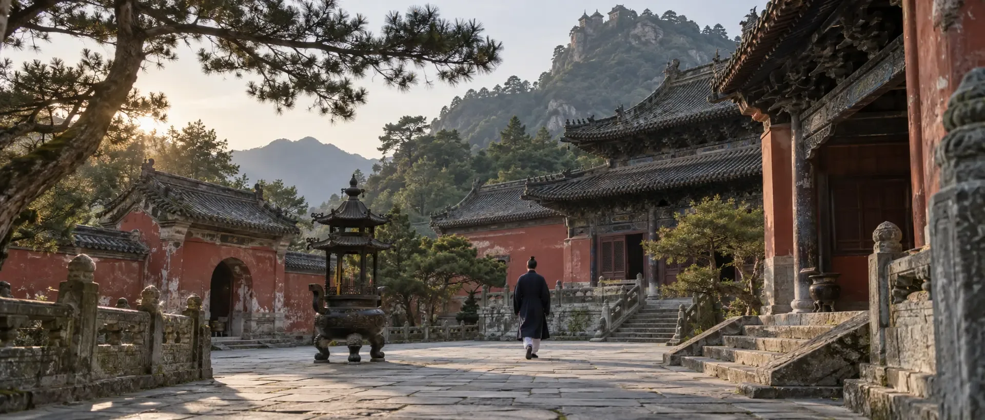 Editorial illustration of a Taoist practitioner in a temple courtyard beneath wooded mountains