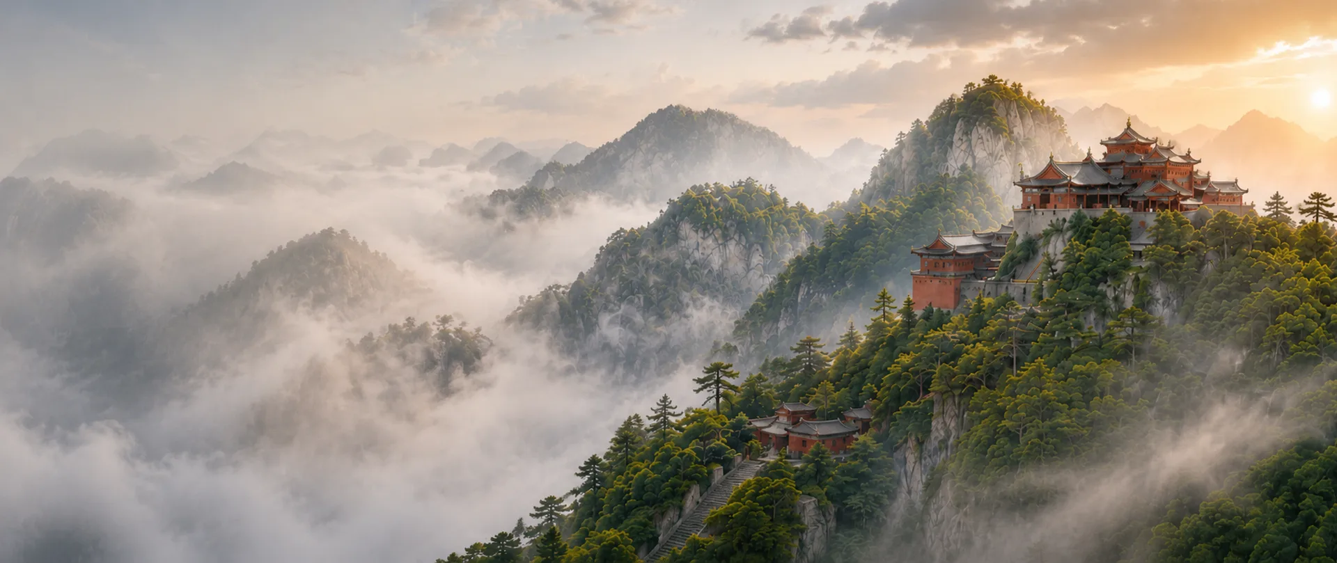 日出時雲海之上的武當山宮觀